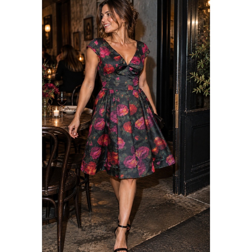 Candice Gwinn Trashy Diva New Orleans Floral Satin Fit Flare Dress Black 16